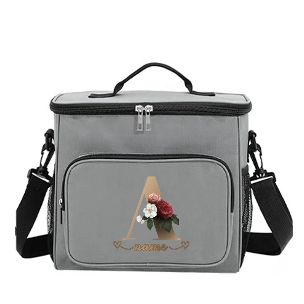 Customizable Name Grey Lunch Bag Insulated Handbag Rose Gold Series Multi Functional Picnic Lunch Box Waterproof Lunch Box