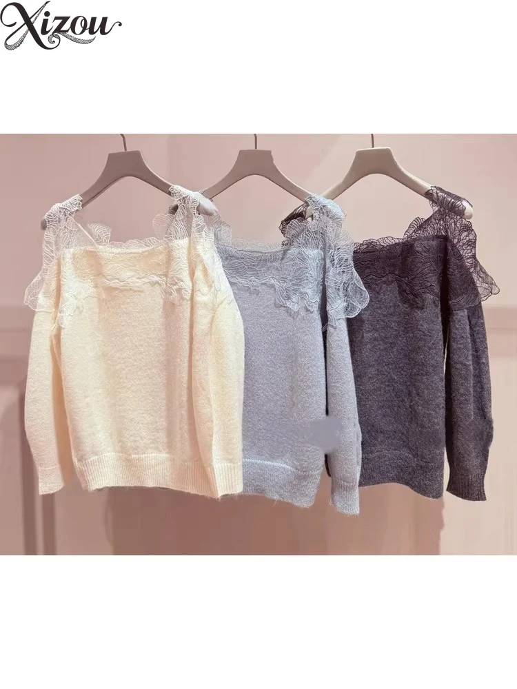 2025 Elegant Lace Patchwork Off-Shoulder Knitted Top Women Sweet Sexy Long Sleeve Warm Japanese Pullover Autumn Winter Lace