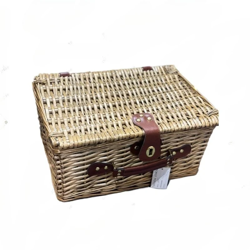 

Rattan wicker picnic basket outdoor household storage fruit steak vegetable with cutlery