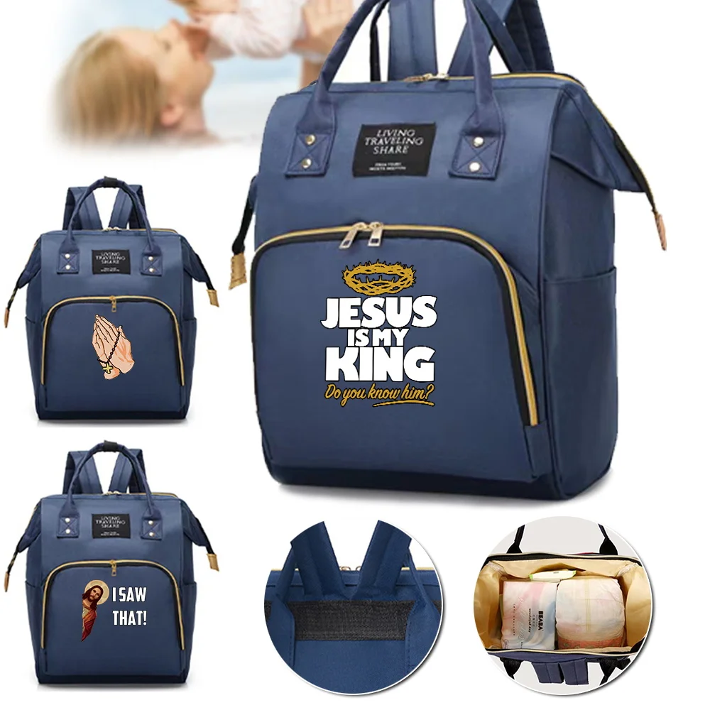 

Mommy Pack Large Capacity Jesus Series Compartments Zipper Backpack Portable Simple Casual Travel Storage Shopping Bag Unisex