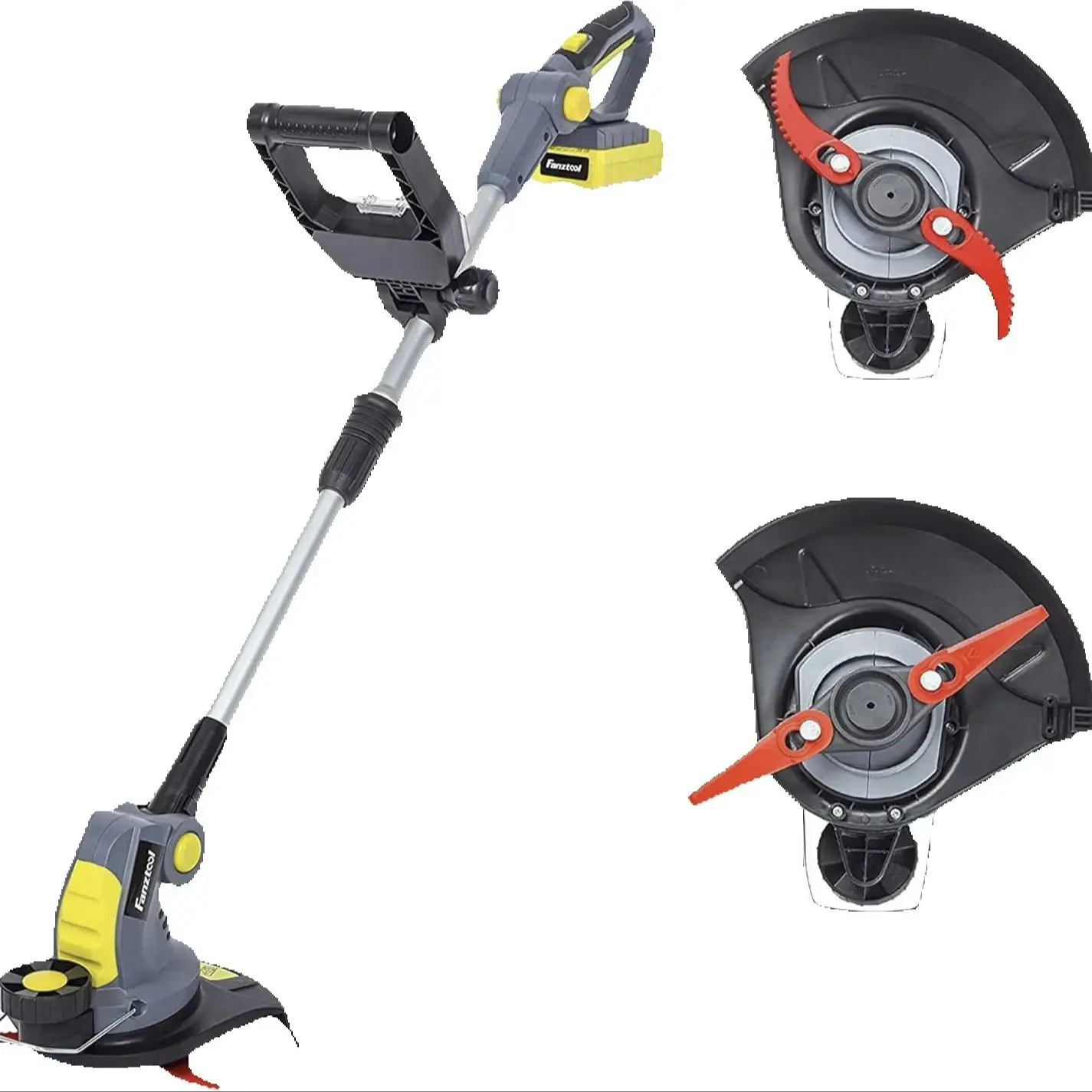 FANZTOOL Akku Rasentrimmer 20V, inkl. 2Ah Akku, Ladegerät, Gerade Messer für Glatt- und Feinschnitt Und gekrümmte Messer mit Zähnen für Grobschnitt