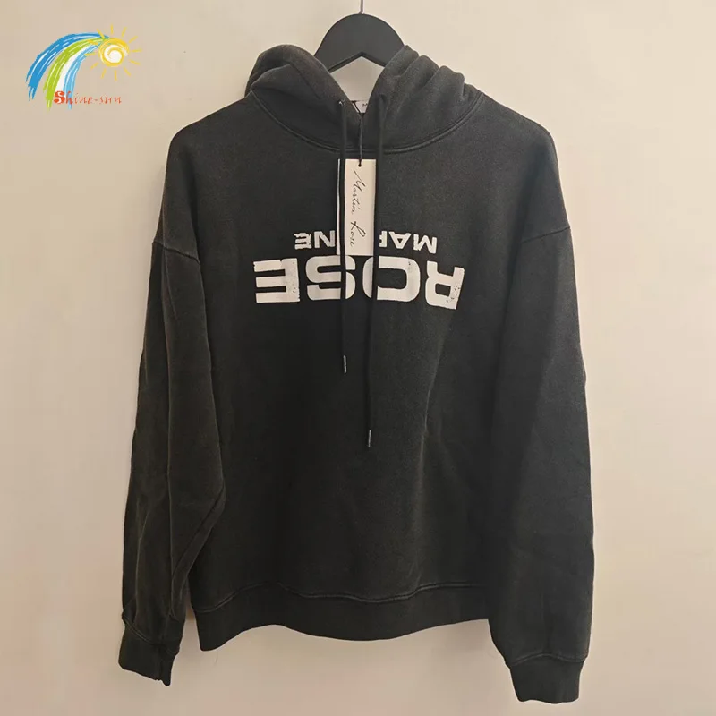 25FW أفضل جودة كلاسيكي مقلوب رسائل شعار طباعة مارتين روز هوديي مقنعين الرجال النساء زوجين Vintage البلوفرات السوداء المغسولة