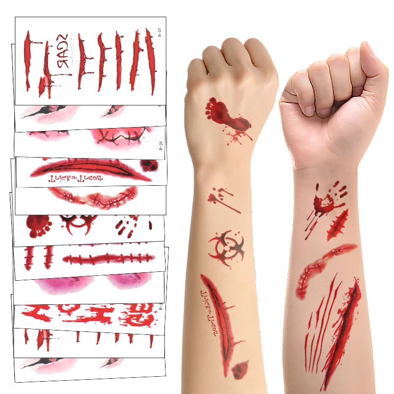 30 ورقة من ملصقات وشم الجرح الدموي للهالوين، وشم مؤقت مقاوم للماء، وديكور حفلات الهالوين، هدية للأطفال البالغين