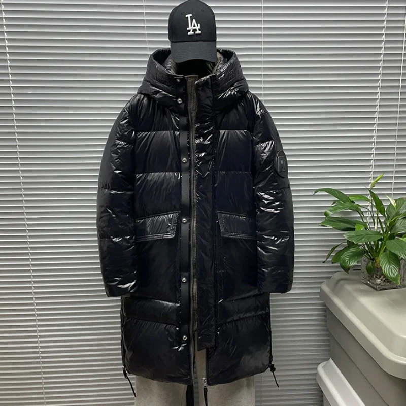 New Men Grey Duck Down Jacket Winter Coat Mid-length Below The Knees Parkas Glossy Loose Outwear Hooded Youth Overcoat