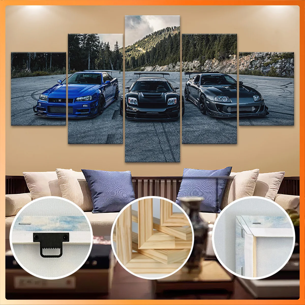 

5pcs Wooden Framed Canvas, Trio of Sleek Supercars in Nature, Fashion Poster, Art for Home Decoration, Pattern Wall Art