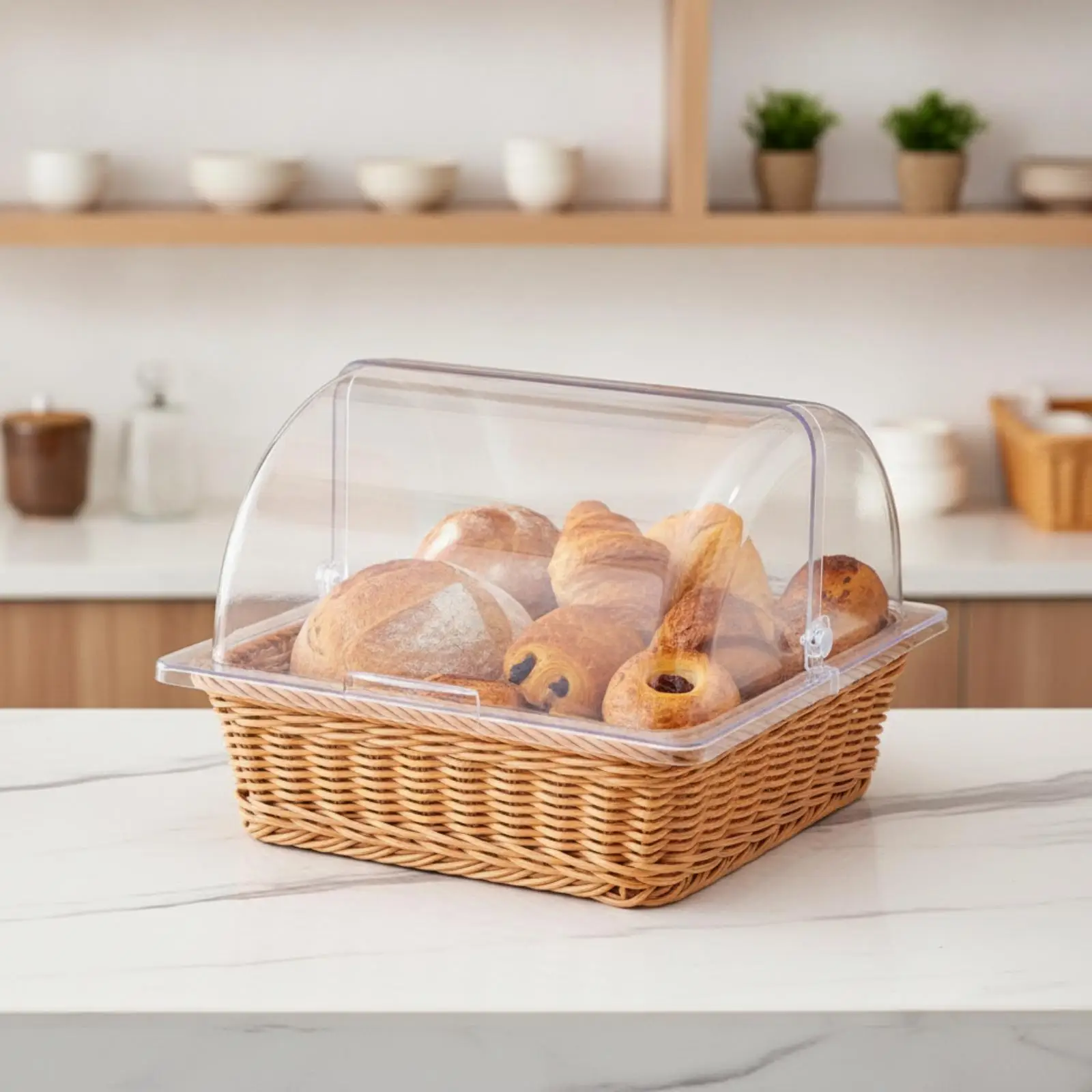 Clear Bakery Dome Lid with Base Plate for Protecting Desserts and Showcasing Pastries on Countertop