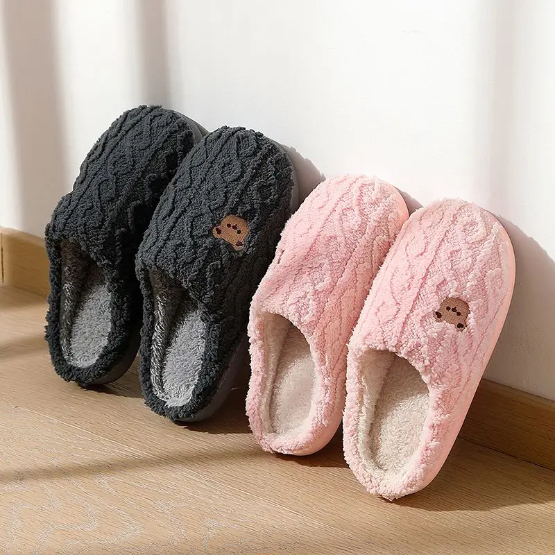 

Winter Fluffy Shoes Women Cotton Slippers Cartoon Bear Thick Sole Warm Slides Men Female Couple House Indoor Plush Flat Shoes