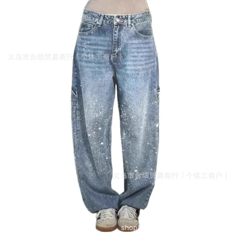 

Y2k clothes Euro-American Full Rhinestone Washed Jeans, High Waist Straight Leg, Luxury Elegant Sexy Denim Long Pants for Women