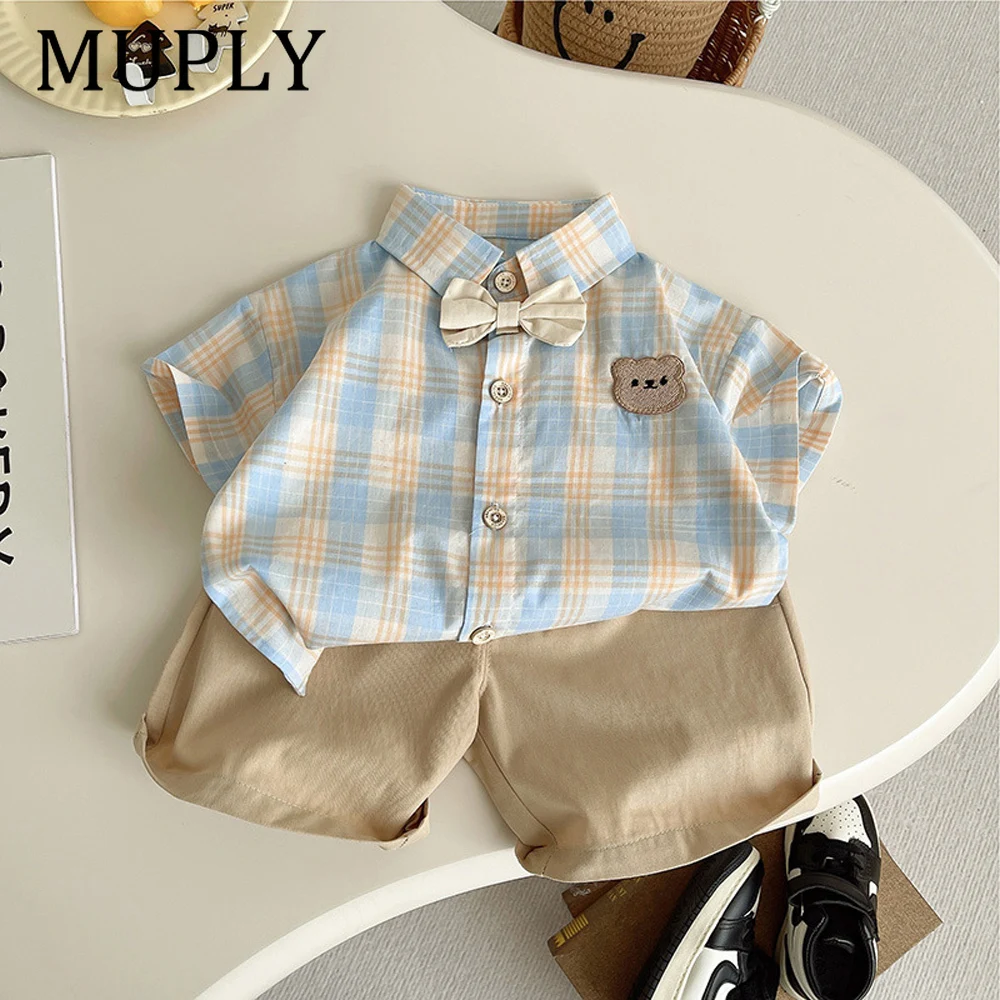 Summer baby boys clothes outfits sets bow tie check shirt shorts suits for infant boys clothing 1 year birthday gentleman sets