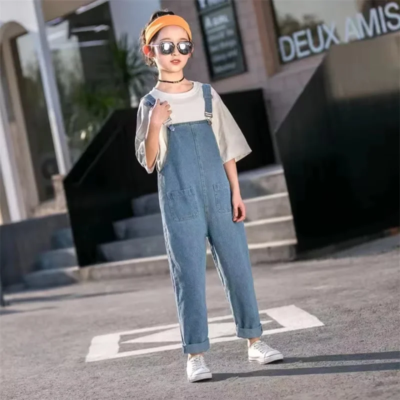 Spring Autumn Fashionable Kids Denim Overalls Modern Styles High Waisted Pants Jean Children Loose Casual Denim Overalls