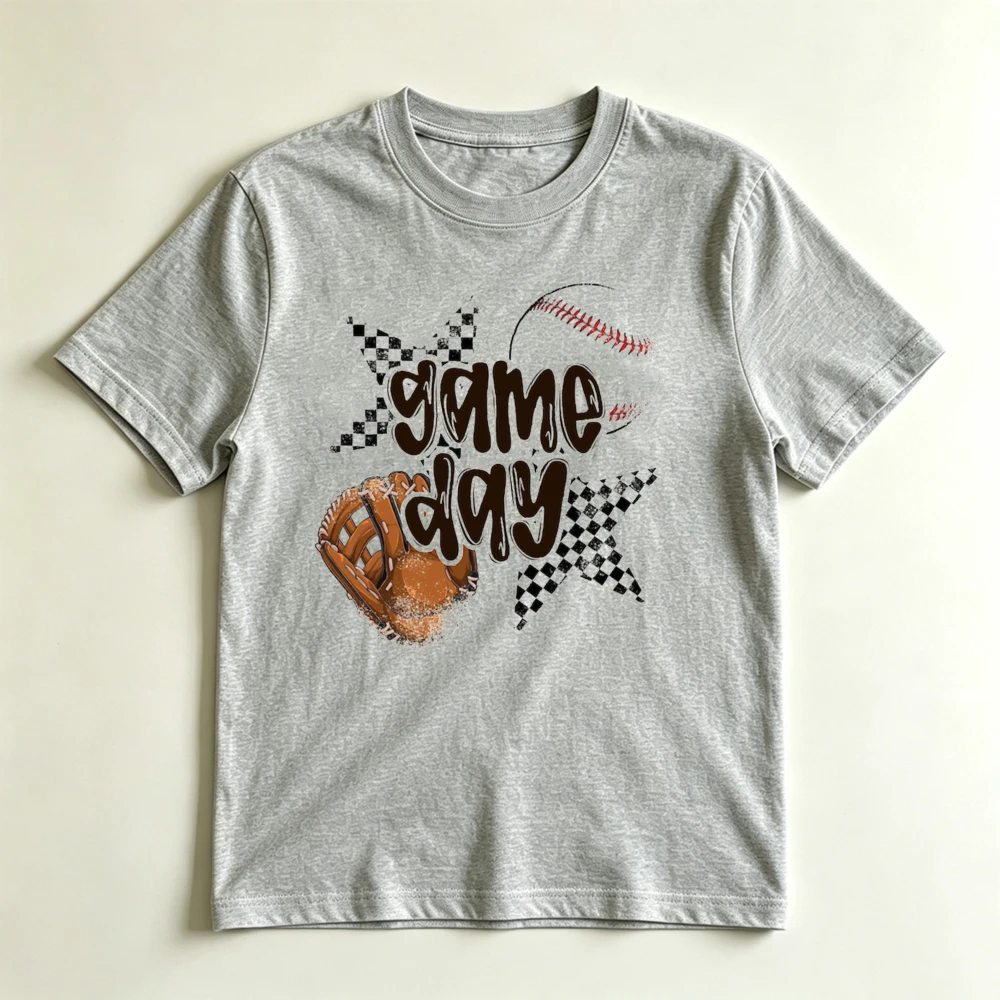2026 Game Day Baseball Graphic T Shirt Women Retro Checkered Star Baseball Glove Print Tee Summer Casual Women Clothes