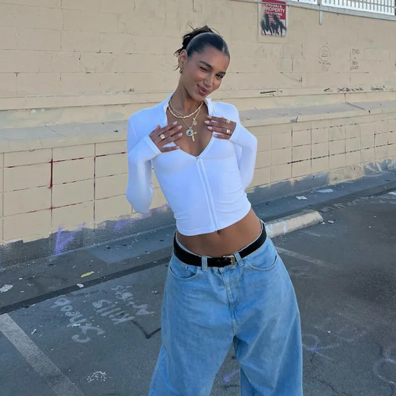 

Woman’s Sweatshirt Fashion Casual Zipper Long Sleeveless V-NeckStreetwearY2k Slim Tops Tees Female Blusas