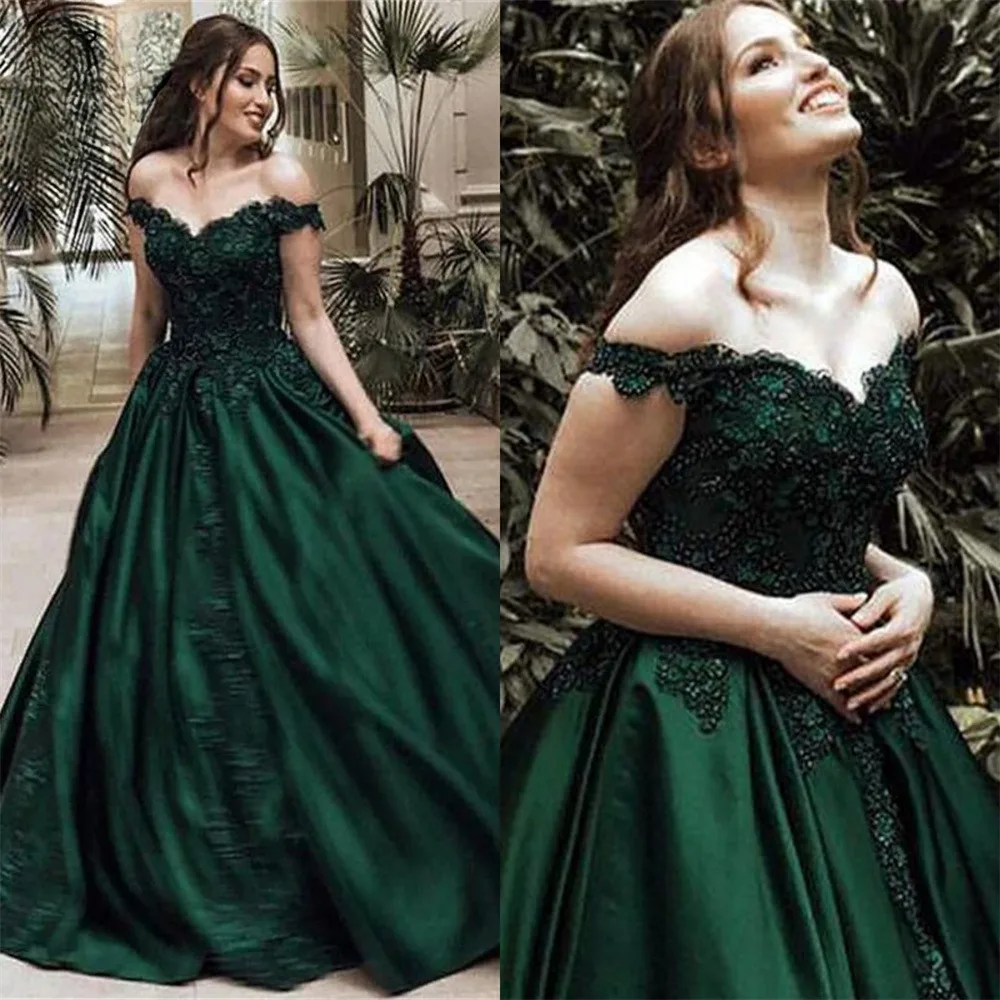 

Green Off The Shoulder A-line Prom Dress Appliques Sleeveless Floor Length Woman Formal Party Evening Gown vestidos de noche