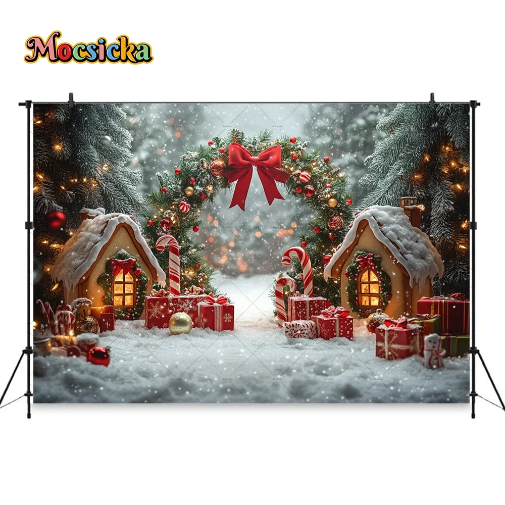 Fondo de casa de jengibre de Navidad fotografía País de las Maravillas bastón de caramelo arco flor de Navidad puerta nieve telón de fondo estudio fotográfico de invierno