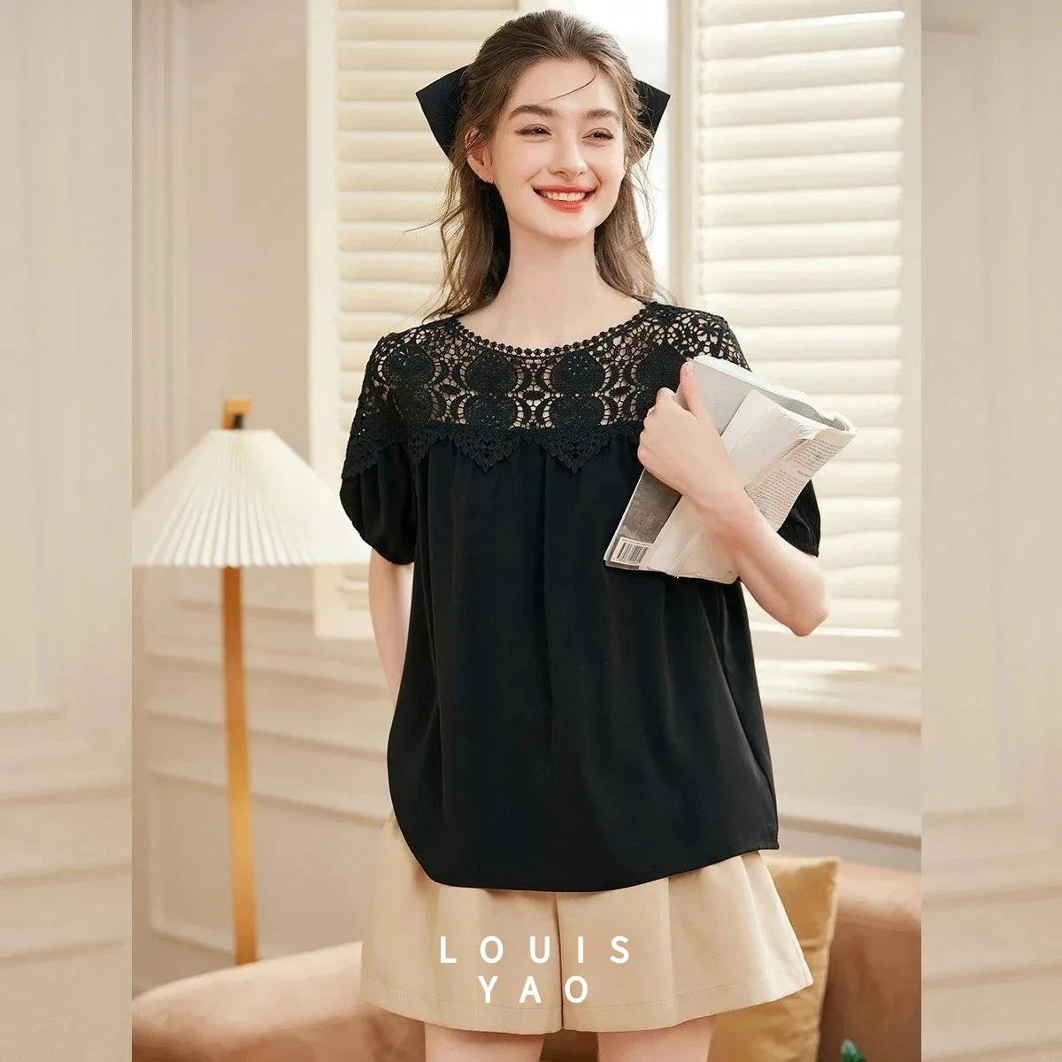 

LOUISYAO Hollow Splicing Short Sleeve Shirt 2025 Summer Gentle Pullover Solid Blouse Color Commut Woman Tops Chic Wear