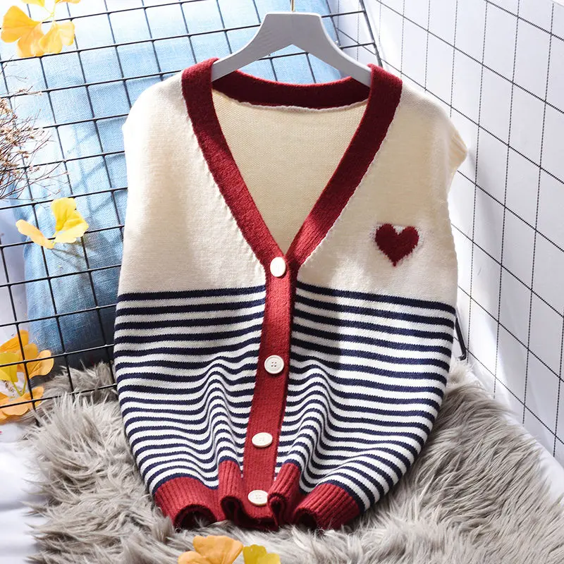 Striped V-neck Knitted Vest Women Tank Top Loose Sweater 2023 Autumn Sleeveless Korean Women Outwear Sweater Cardigan Vest