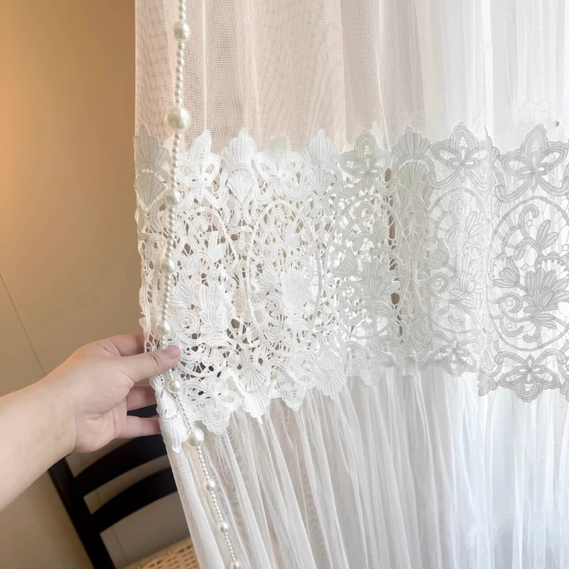 Custom Size French Medieval Pastoral Cream Style Lace Hollow Skirt Exquisite Beaded Pear Flower Gauze for Courtyard Balcony
