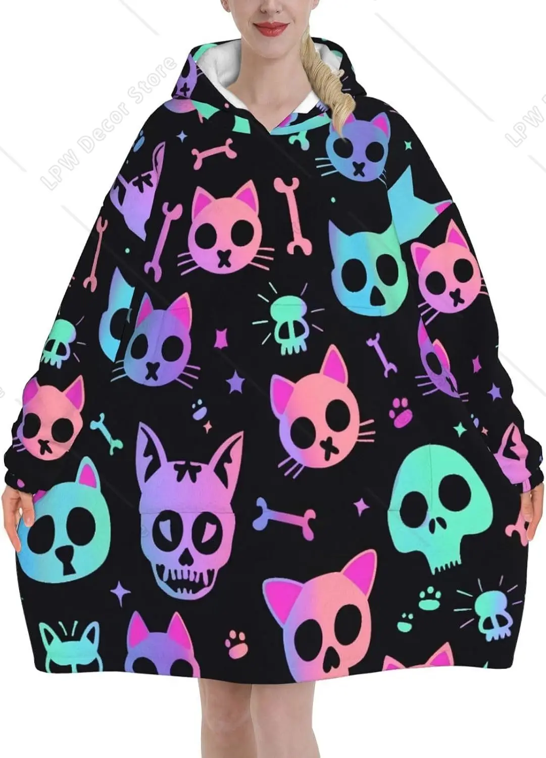 Cat Skulls Bones Wearable Blanket Hoodie Oversized Sweatshirt Blanket Cozy Warm Sherpa Hooded Blanket With Pocket