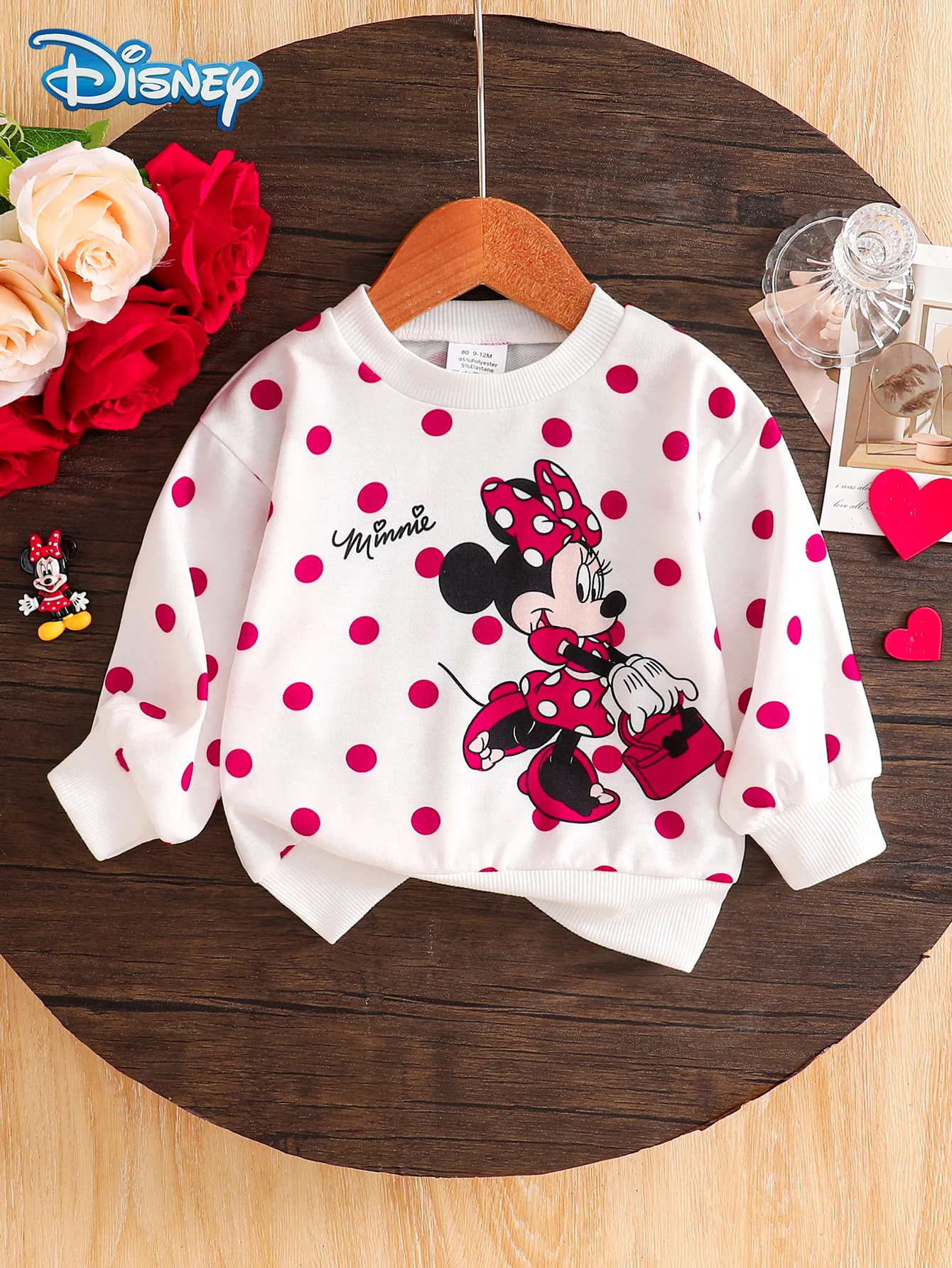 

[Официально лицензированная] Осенняя коллекция Disney Exclusive Developed для новорожденных девочек, милый свитшот с длинными рукавами и рисунком Минни для покупок в горошек, слегка эластичный, подходит для повседневной одежды для малышей и новорожденных,