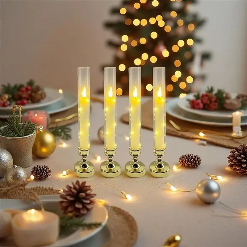 RMWIN-Flameless LED Taper Candles For Home Decor With Remote Timer,Embedded Star String Lights
