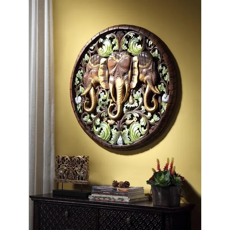 Thai teak elephant carving board South East Asia painted entrance living room wall decoration home pendant