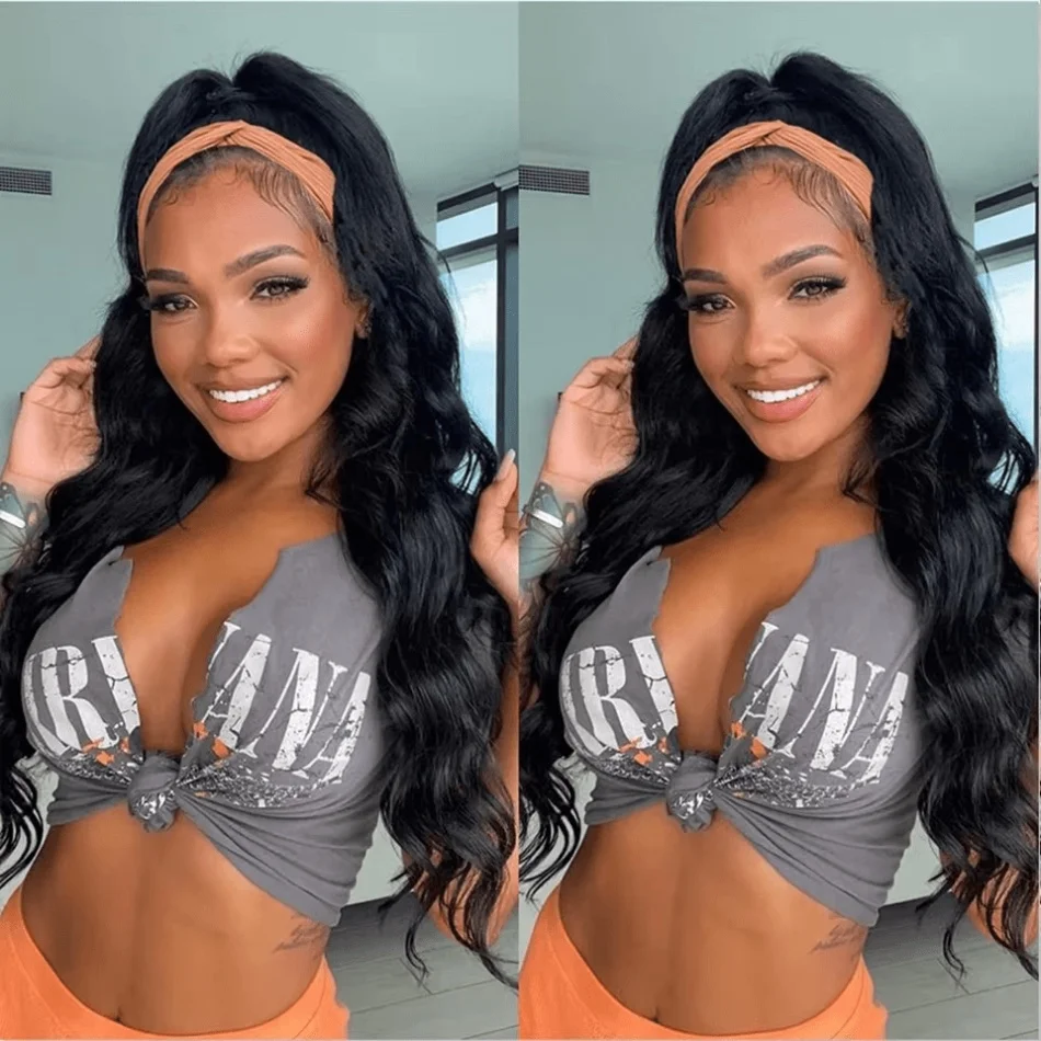 Headband Wig Human Hair Body Wave 16 Inch Glueless None Lace Front Wig Brazilian Virgin Hair Wear And Go Wigs For Women 200% Density Wigs Natural Black Color - view 2