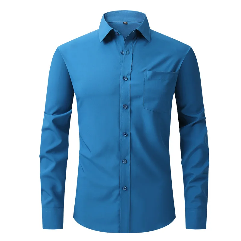 Solid Color Men\'s Long-sleeved Shirt, Single-breasted Square Collar Small Elastic Shirts, Suitable for Wedding/Business/Office