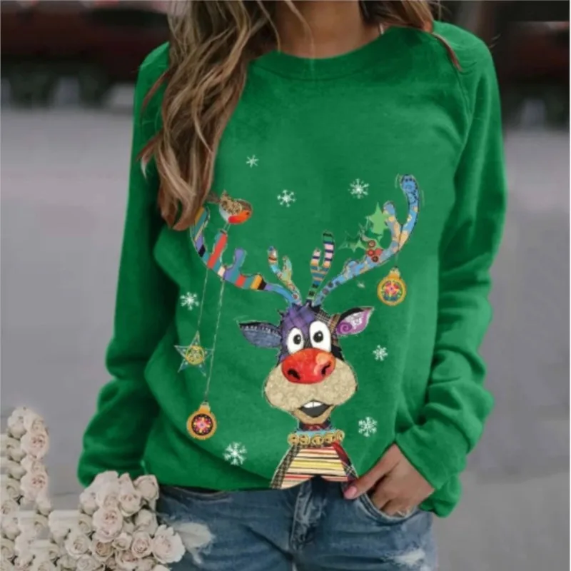 

New women's hoodie elegant style pullover Christmas printed patterns long sleeved round neck hoodie popular for office commuting