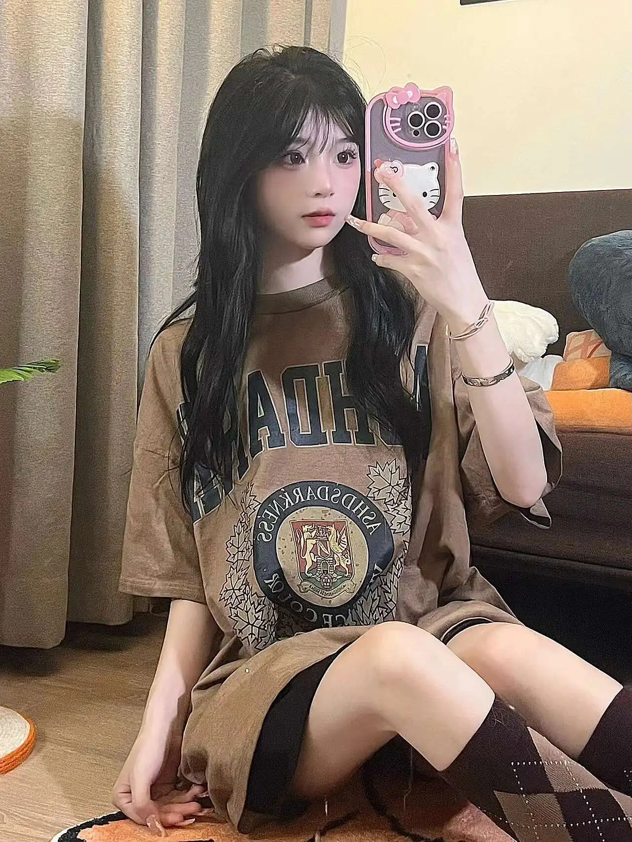 man women T-shirt 2025 Street American Oldschool Vintage Washed Badge Industrial Style Short sleeved T-shirt Women's Ins