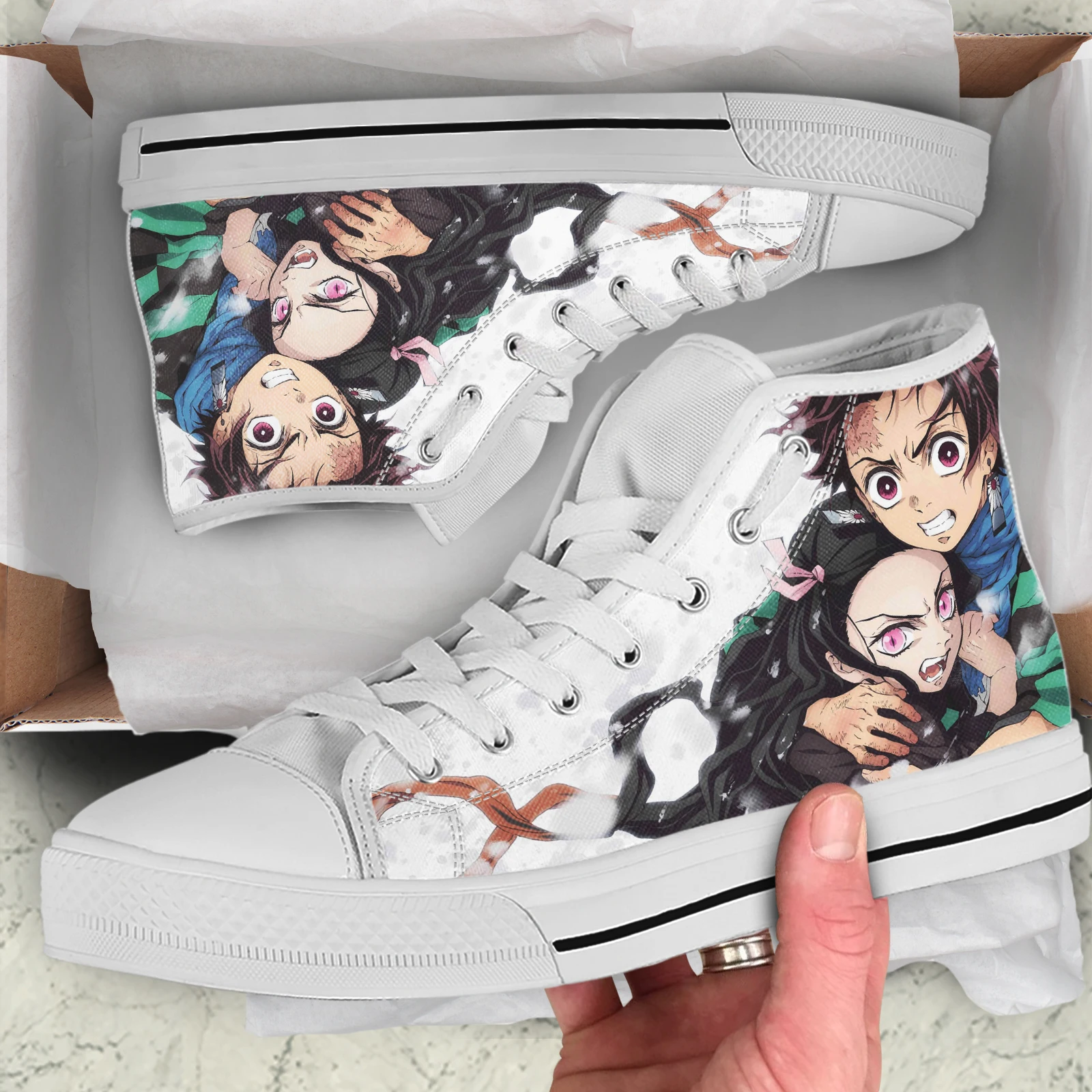 ELVISWORDS-Chaussures Montantes Astronomiques Blanches pour Femme, Anime Japonais, Design Demon Slayer, Chaussures Légères à Lacets, Chaussures en Toile Décontractées