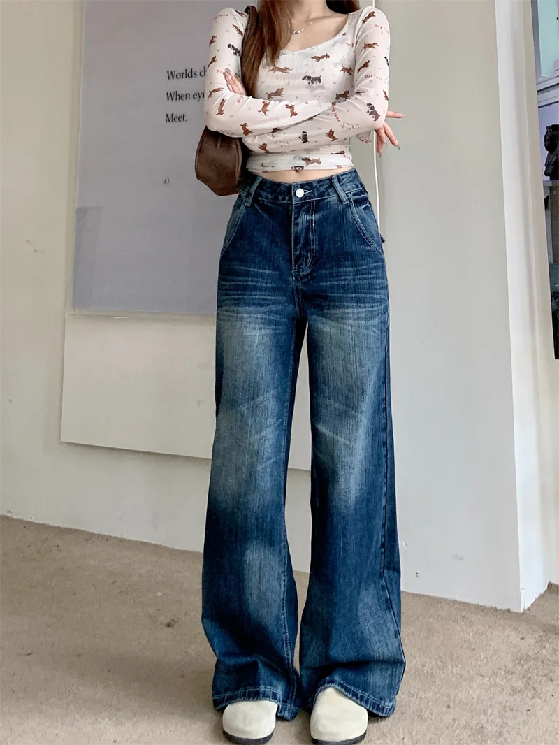 Women 2026 New Back Patch Pocket Dark Blue Mottled Tie Dye Denim Pants Daily Commute Versatile Loose Casual High Waist Long Trousers Womens Denim Pants