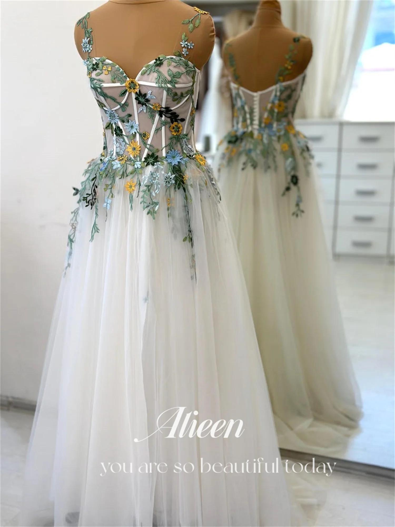 Aileen-A-line vestido de noiva com flores 3D, vestidos de noite para ocasiões formais, vestidos femininos de luxo, querida