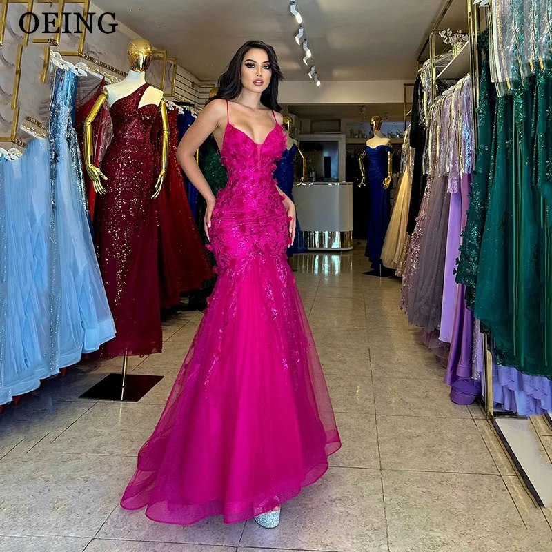 OEING Fuchsia Prom Dresses Elegant Spaghetti Strap Tulle Tiered V-Neck Evening Dress Special Occasion Gown Vestidos De Gala