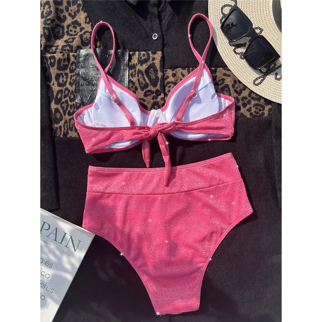 Glitzernder, glänzender Bikini mit Bügel, hoher Taille, Damen-Badeanzug, zweiteiliges Bikini-Set, Badebekleidung, Badeanzug, Schwimmanzug V4435 – Detail 12