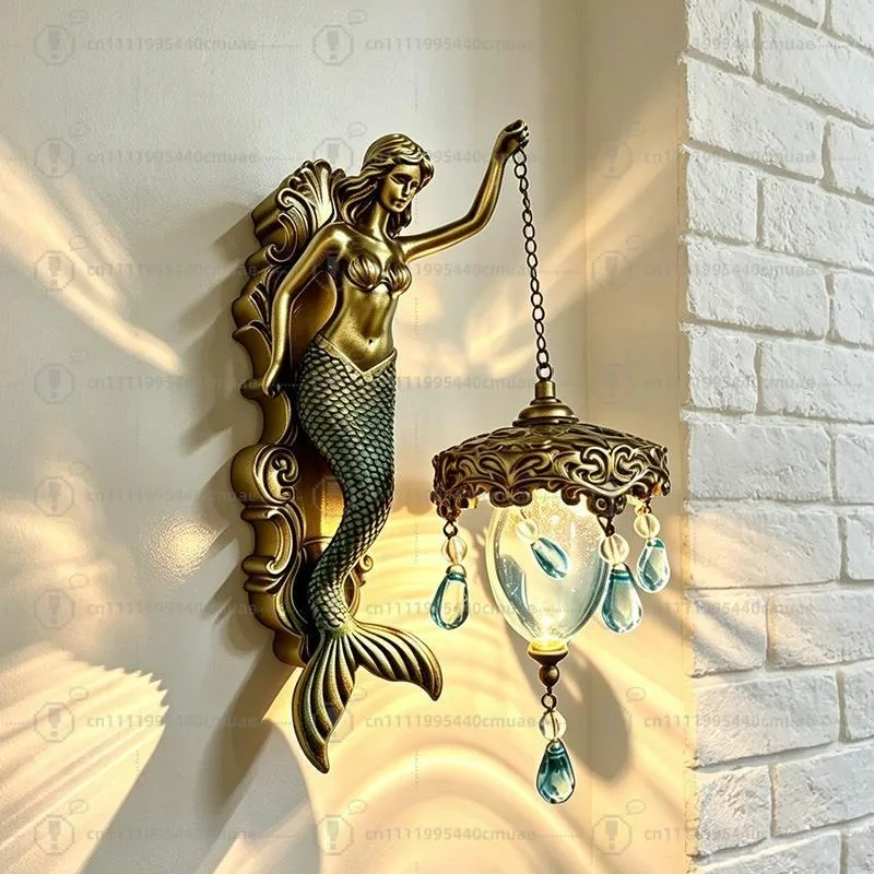 Wall lamp retro resin mermaid wall lamp decorative ornament advanced sense niche pendant European style