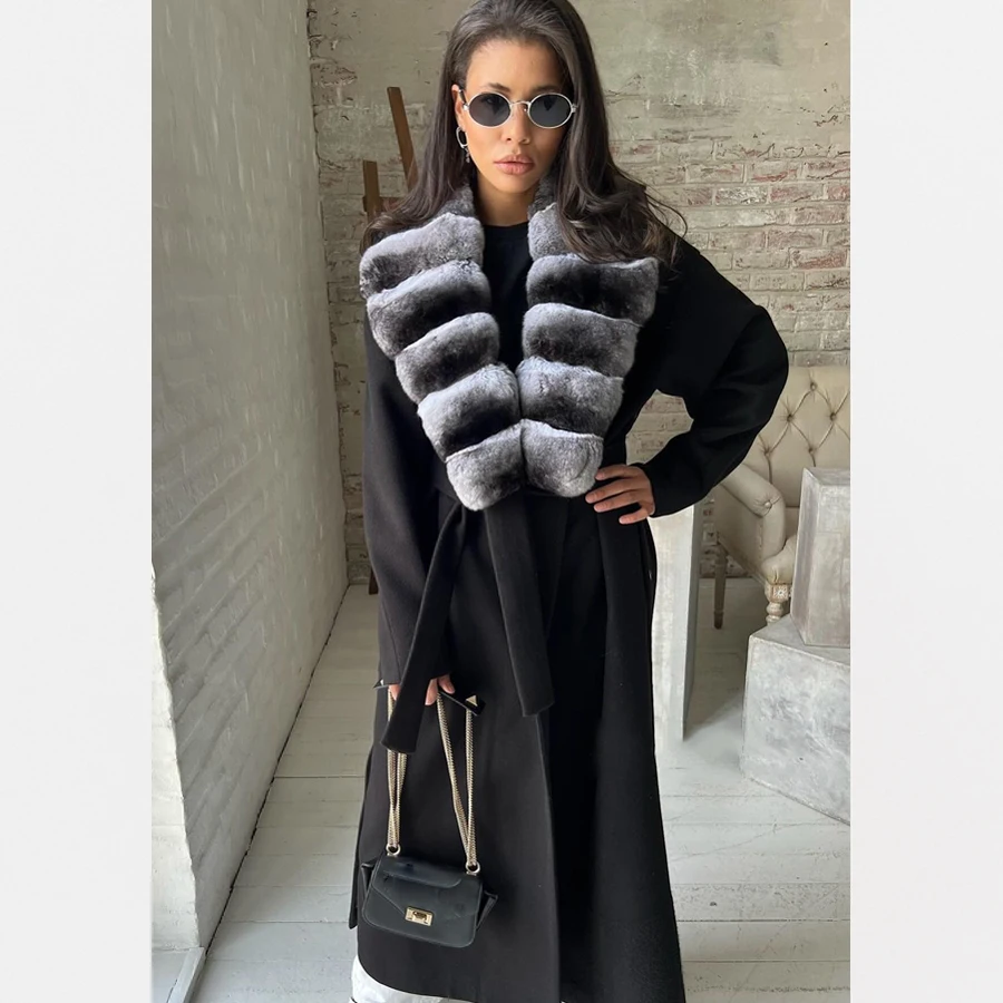 Women Wool Coats Winter Real Rabbit Fur Collar Coat Women New Cashmere Wool Long Coat Luxury High Quality