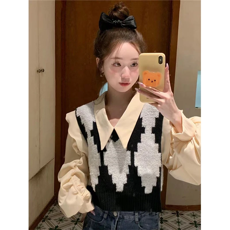 MEXZT Fake Two-Piece Cropped Sweater Women Streetwear Argyle Knitted Pullovers Preppy Sweet Patchwork Knitwear Korean Jumper New