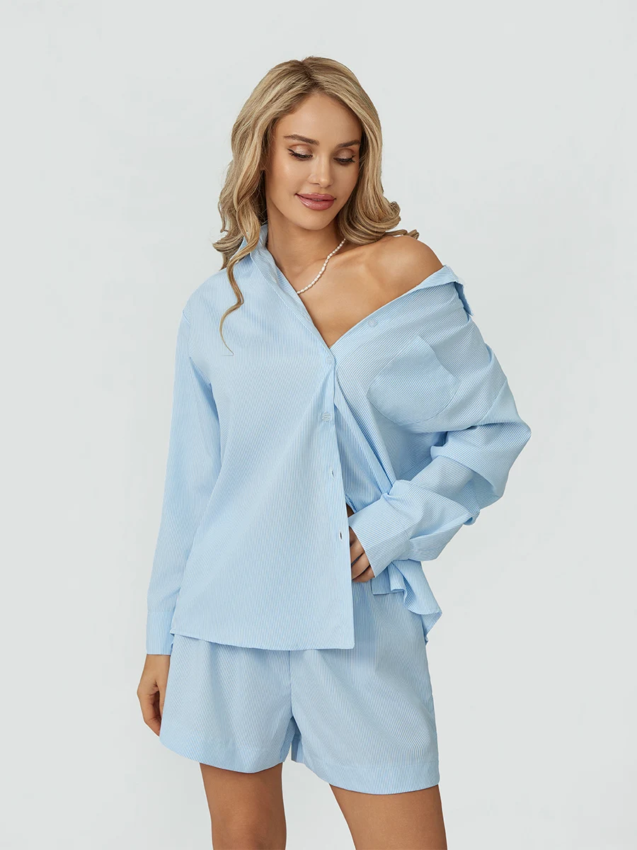 女性用2ピースストライプ長袖衣装、ボタンダウンシャツ、ボクサーショーツセット、ラウンジウェア、トラックスーツ