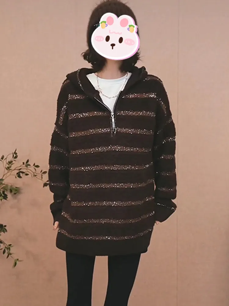 

Gold Tead Sequin Hoodie Women's Loose Fit Casual Sle Long Sve Top Winter New Arrival Lazy Sle Slimming Versatile You...