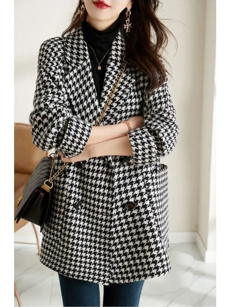 Women Coat Plaid Woolen Coat for Women\'s Autumn Winter Overcoat Korean Fashion Mid Length Coat for Women\'s Clothing Tops