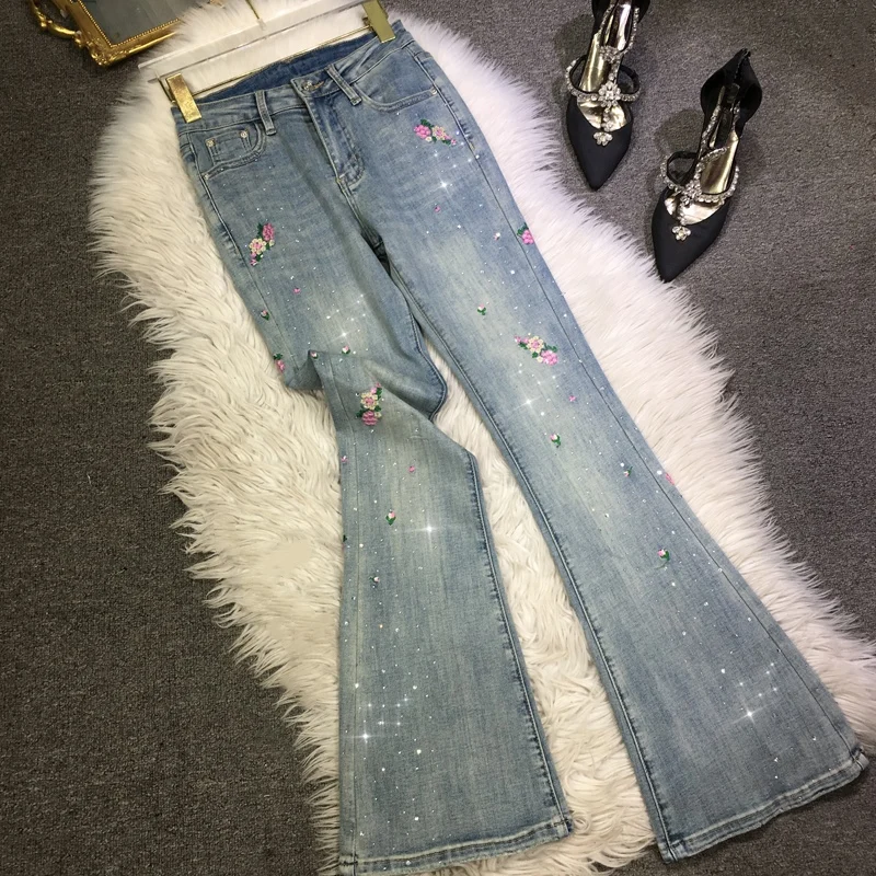 

High Quality Flower Embroidery Hot Drilling Women Denim Trousers All-match High Waist Casual Flare Pants Streetwear Stretch Jean