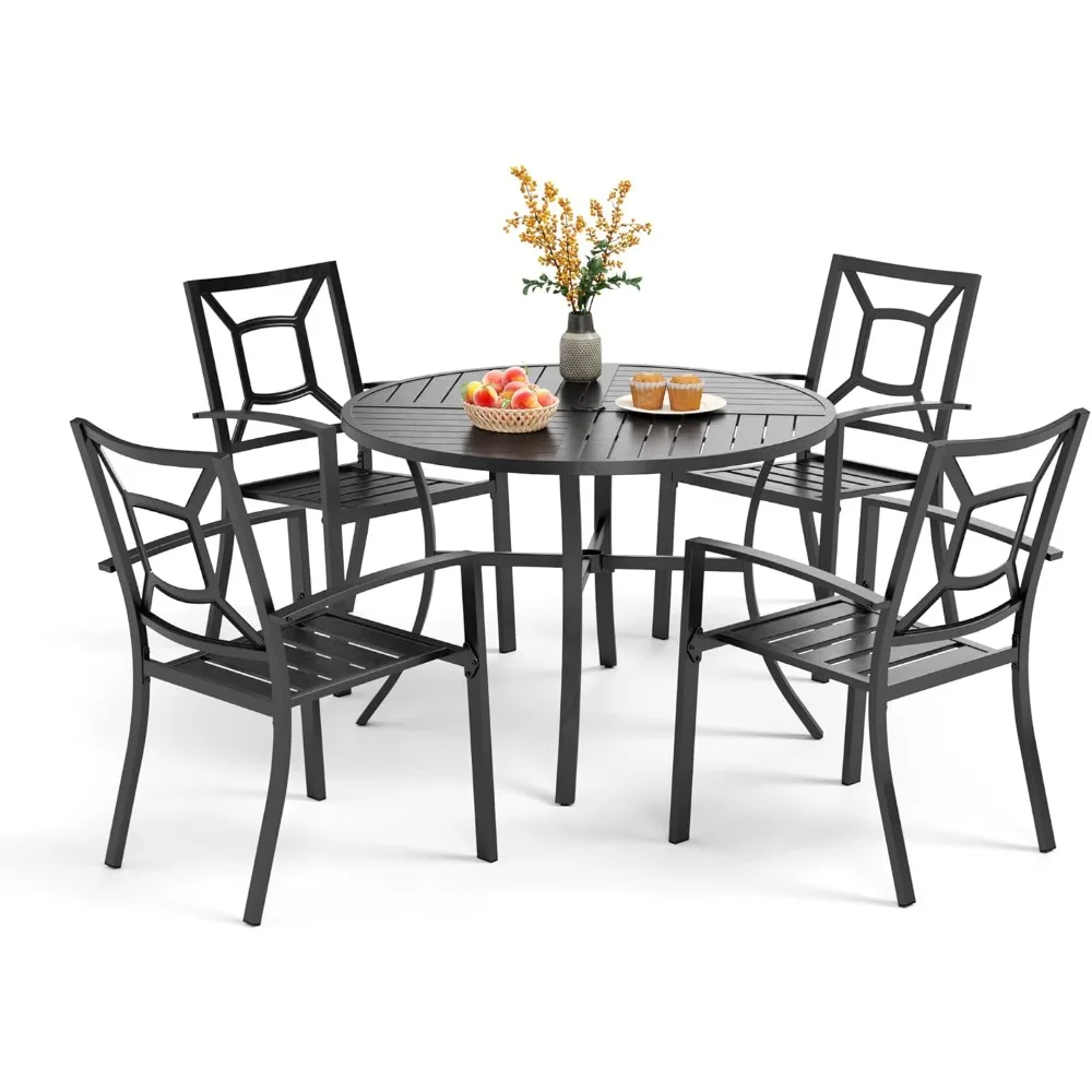 5 Piece Outdoor Round Dining Table Set for 4, 42” Metal Dining Table with Umbrella Hole& 4Black Stacking Metal Chairs for Patio