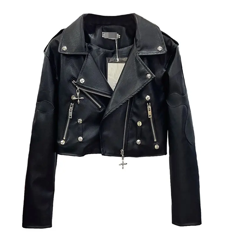 2024 Spring and Autumn New Leather Coat Women Punk Fashion Short Motorcycle Jacket Top