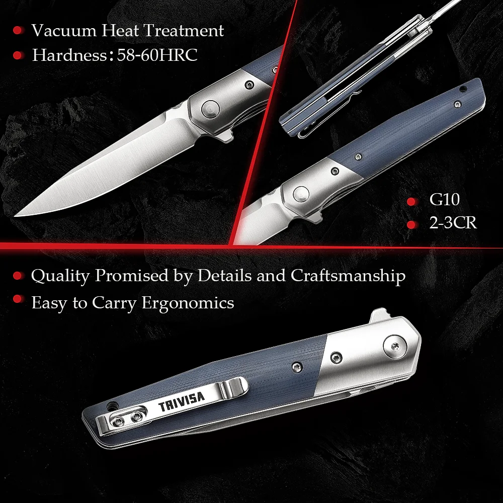 TRIVISA Folding Pocket Knife G10 Handle with Flipper 3.54\
