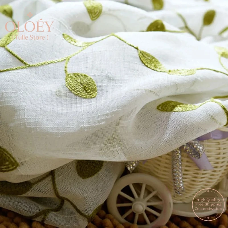

Leaf Embroidered Sheer Curtain for Kitchen 1PC Green Linen Voile Balcony Window Rustic Partition Door Drape Custom Made Panel