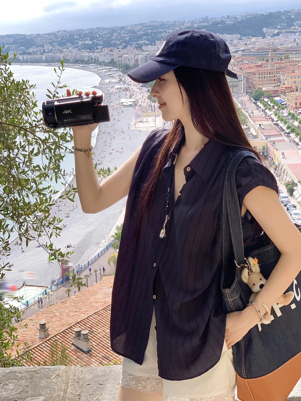 

about Poem Women's Loose Fit Stripe irt Svel Turn-down Collar Button Detail Casual Summer Top in Linen Blend