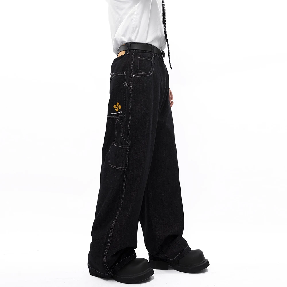 

Новые летние мужские однотонные прямые широкие джинсовые брюки, американский модный тренд, уличные свободные простые мужские брюки для отдыха