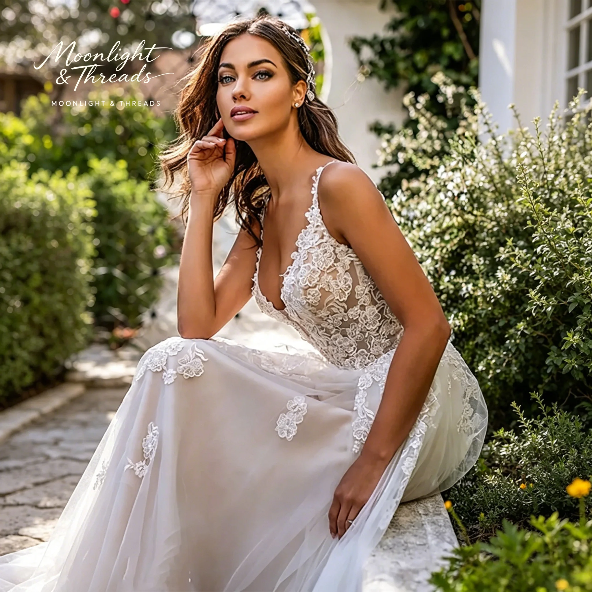 Embroidery White Dress - White lace V-neck floor-length formal wedding