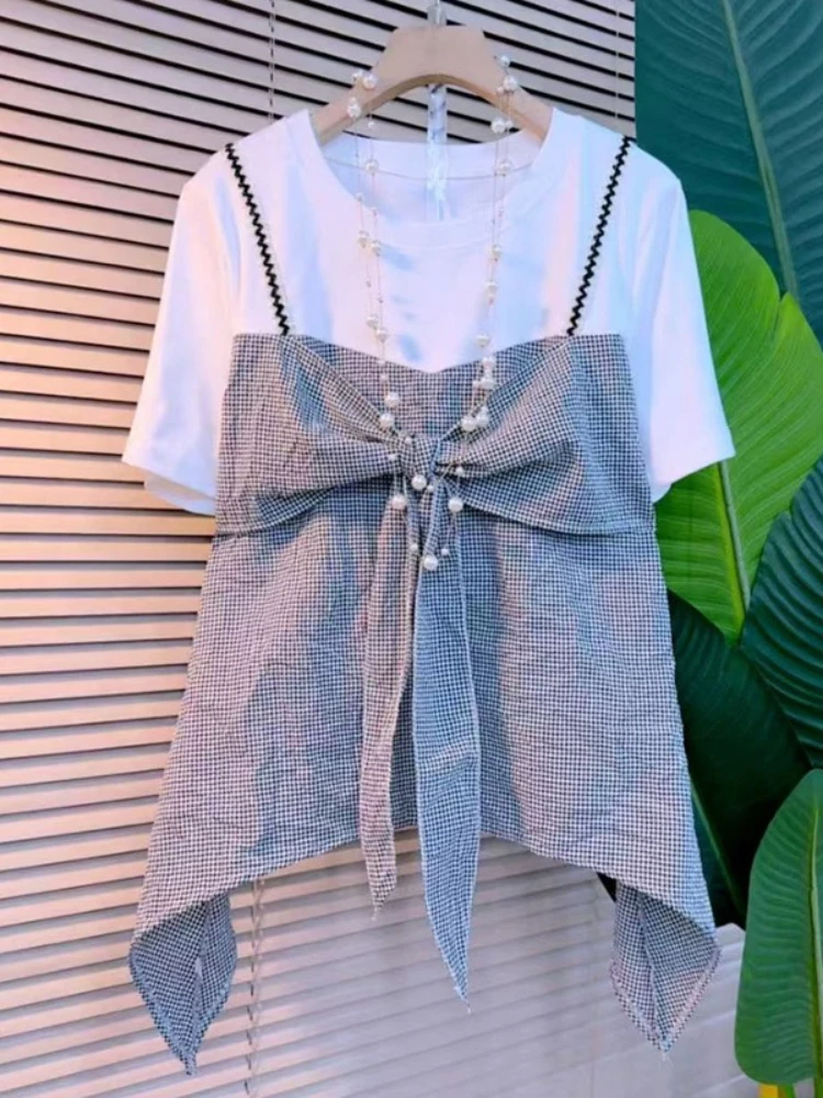 

Women's Summer New Fashion Small Shirt Women's Korean Edition Round Neck Splicing Checkered Bow Tie Half Sleeve Top