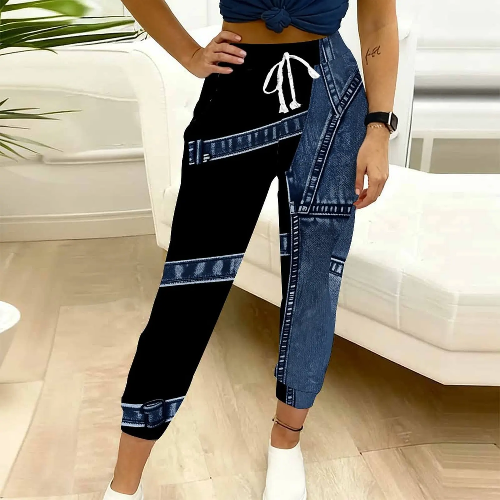 Women Block Joggers Drawstring Pocket Casual Sweatpants Streetwear Sports Trousers autumn winter fashion ninth pants